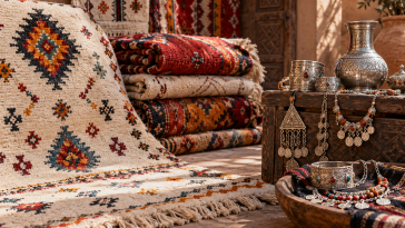 Amazigh rugs and jewelry featuring traditional motifs