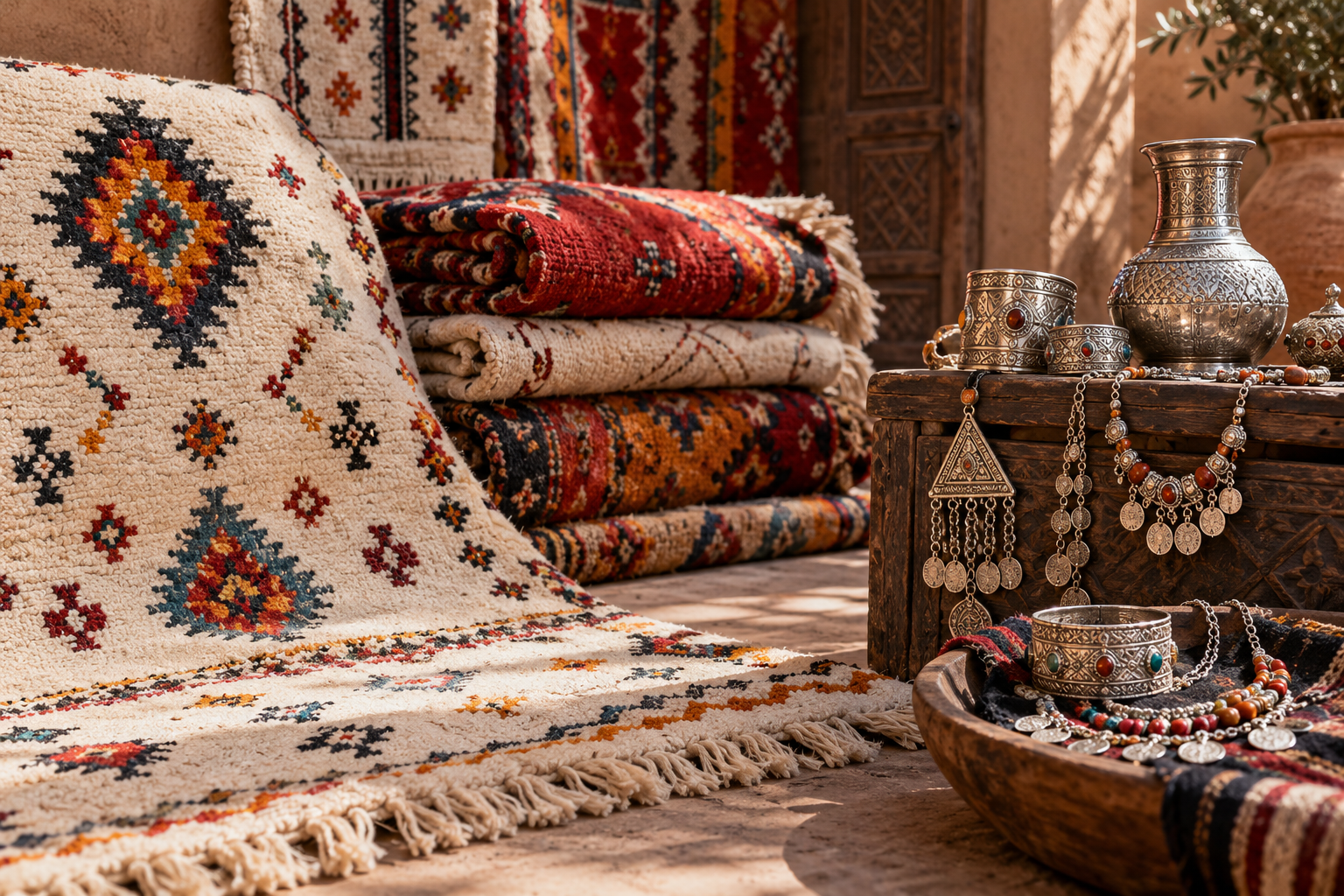 Amazigh rugs and jewelry featuring traditional motifs