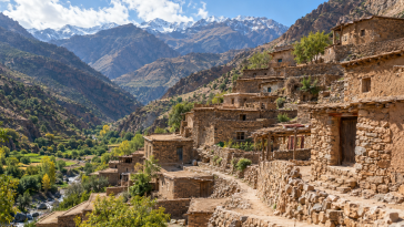 Traditional Amazigh mountain village with stone and earthen homes