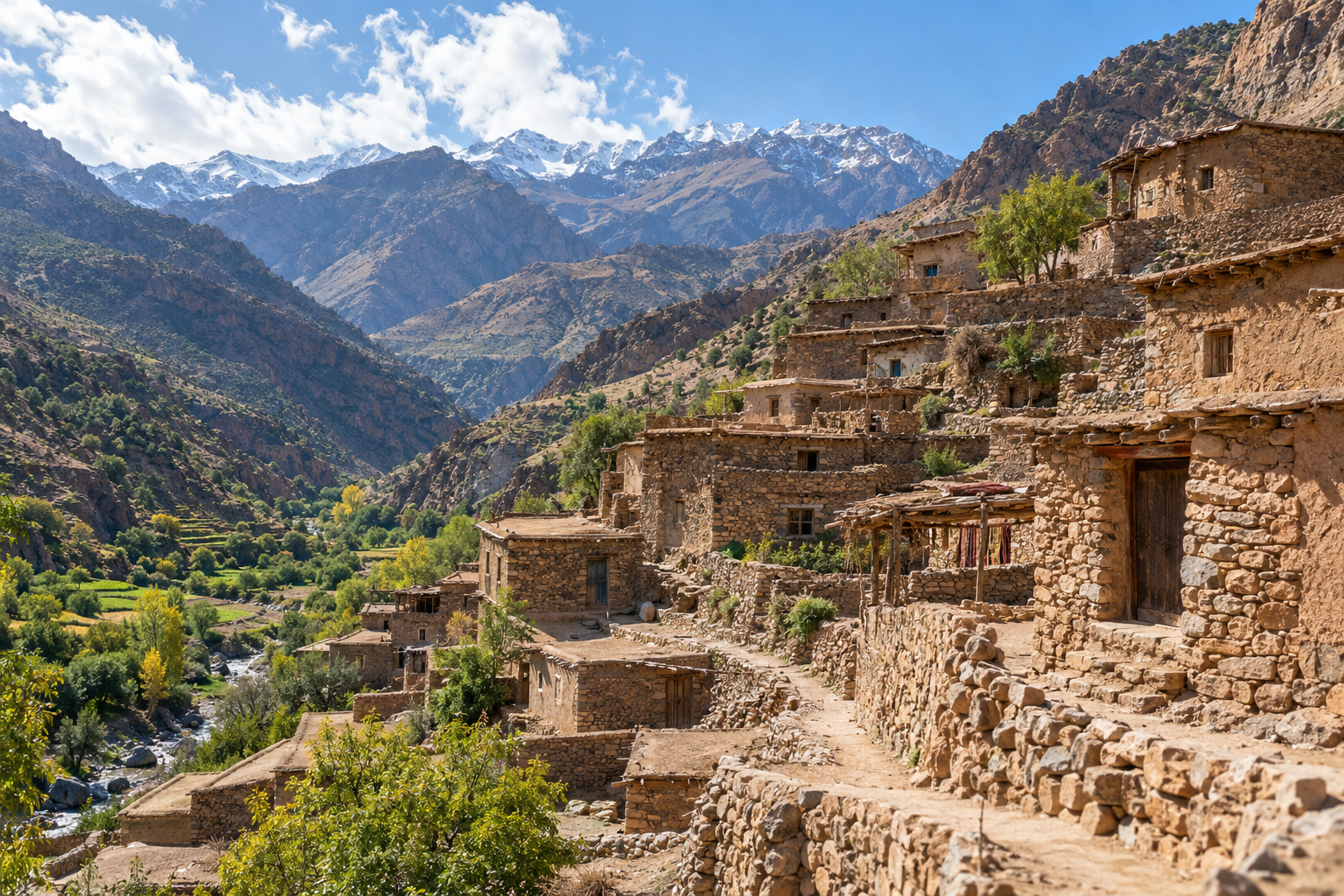 Traditional Amazigh mountain village with stone and earthen homes