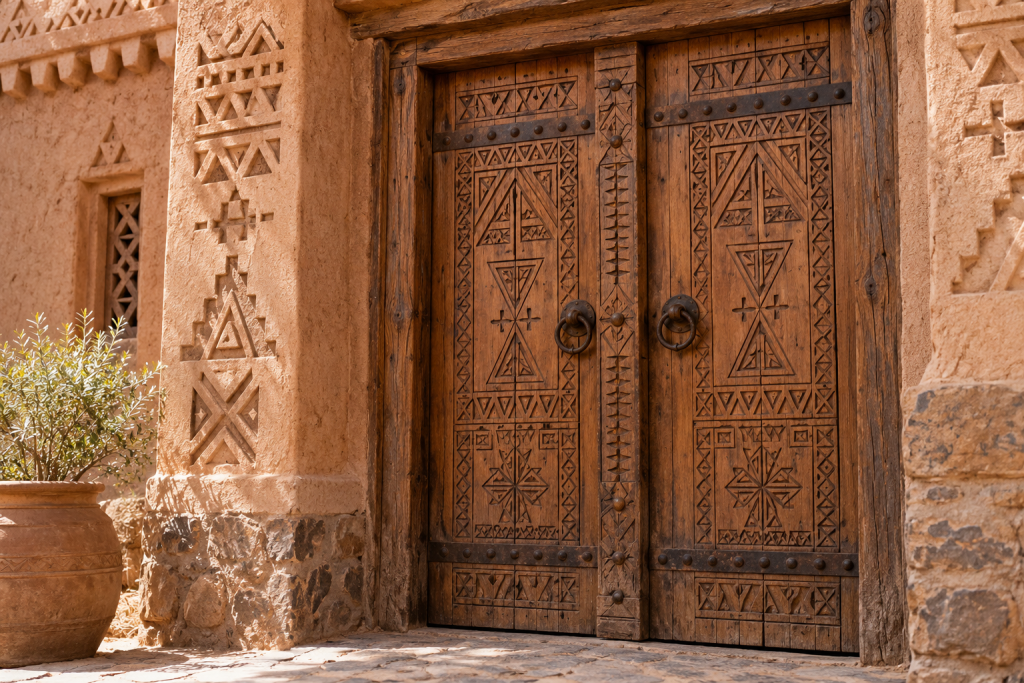 Carved wooden architectural details on Amazigh heritage building