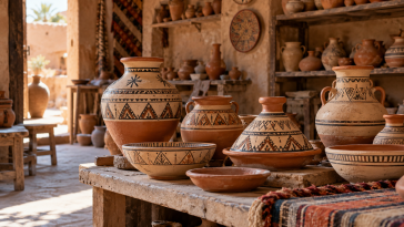 Handmade Amazigh pottery vessels in an artisan workshop