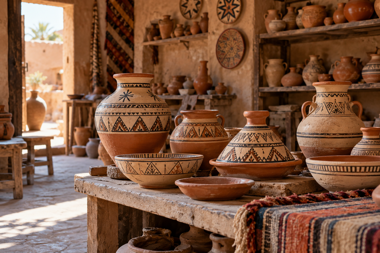 Handmade Amazigh pottery vessels in an artisan workshop