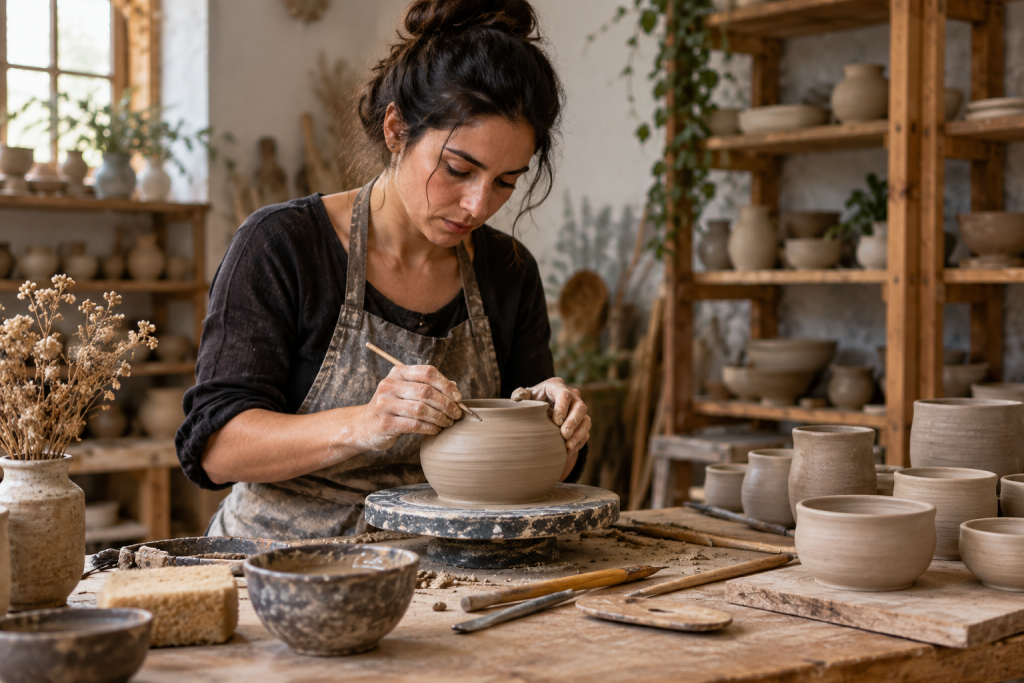 Artisan creating handmade clay pottery