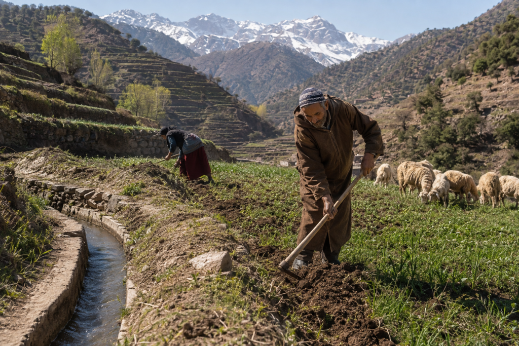 Amazigh farmers cultivating terraced fields in Morocco