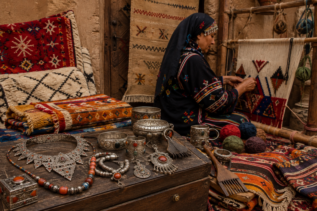 Amazigh carpets and silver jewelry displaying Moroccan craftsmanship