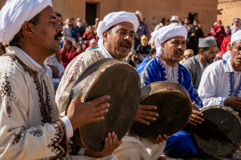 Amazigh musicians performing traditional music in Morocco
