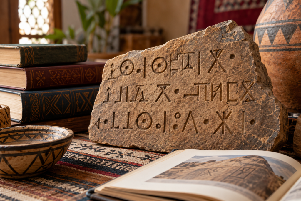 Tifinagh Amazigh writing displayed on cultural materials