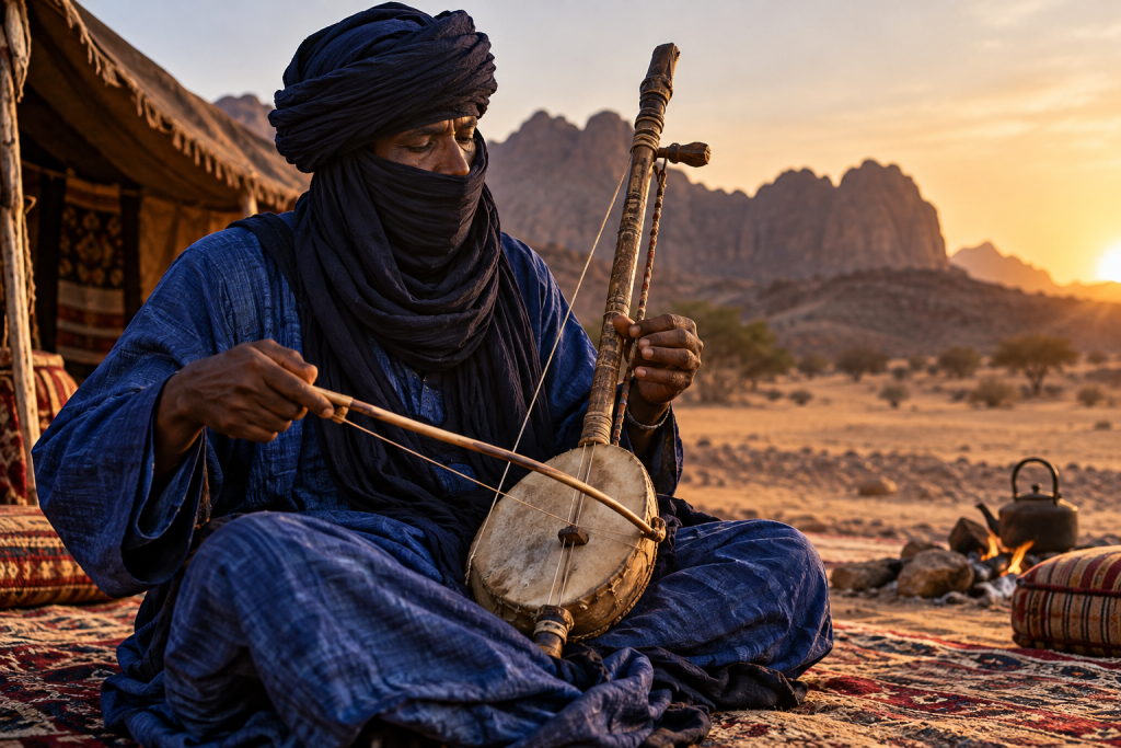 Tuareg musician performing with imzad instrument