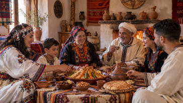 Amazigh family gathering celebrating Yennayer with traditional food