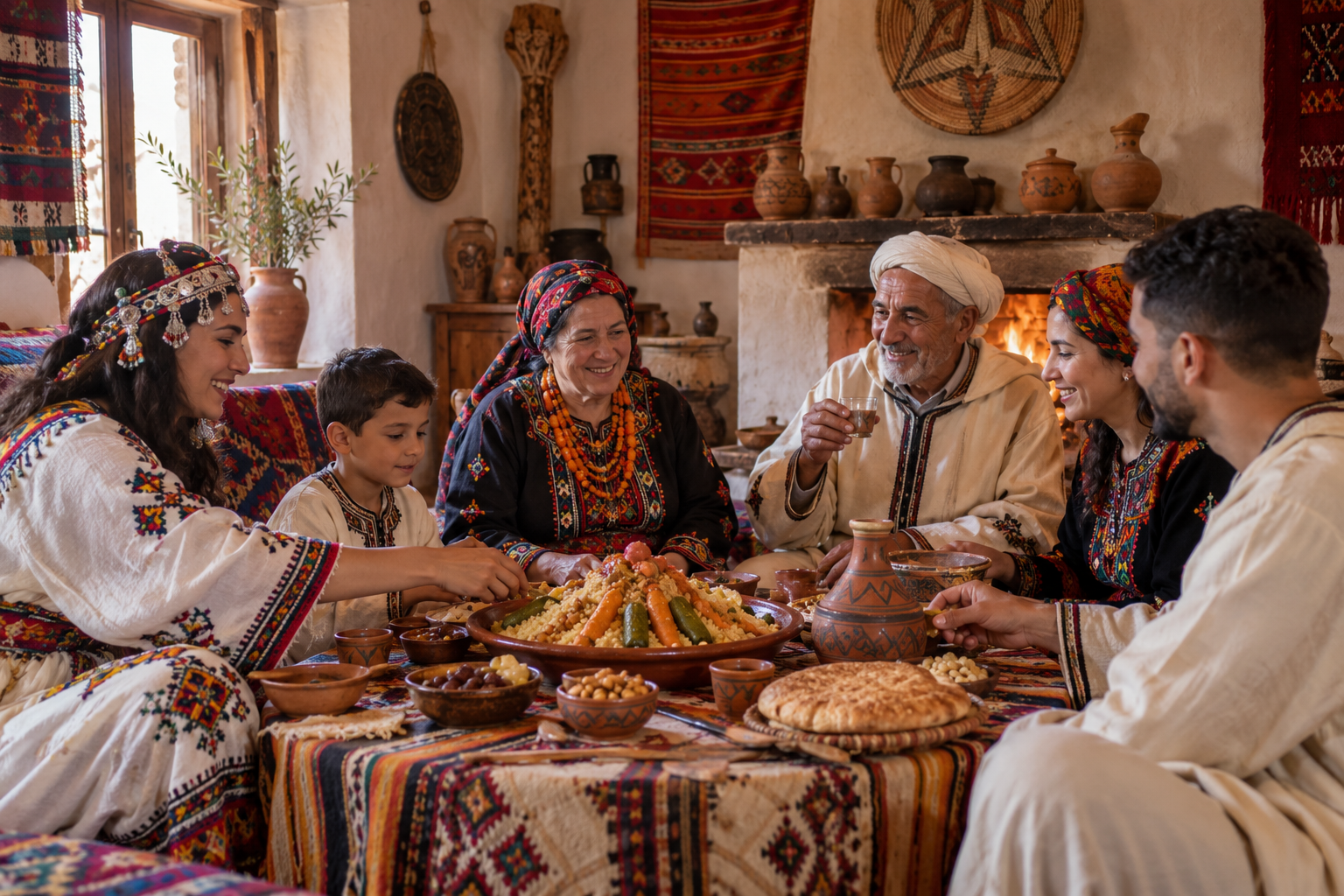 Amazigh family gathering celebrating Yennayer with traditional food