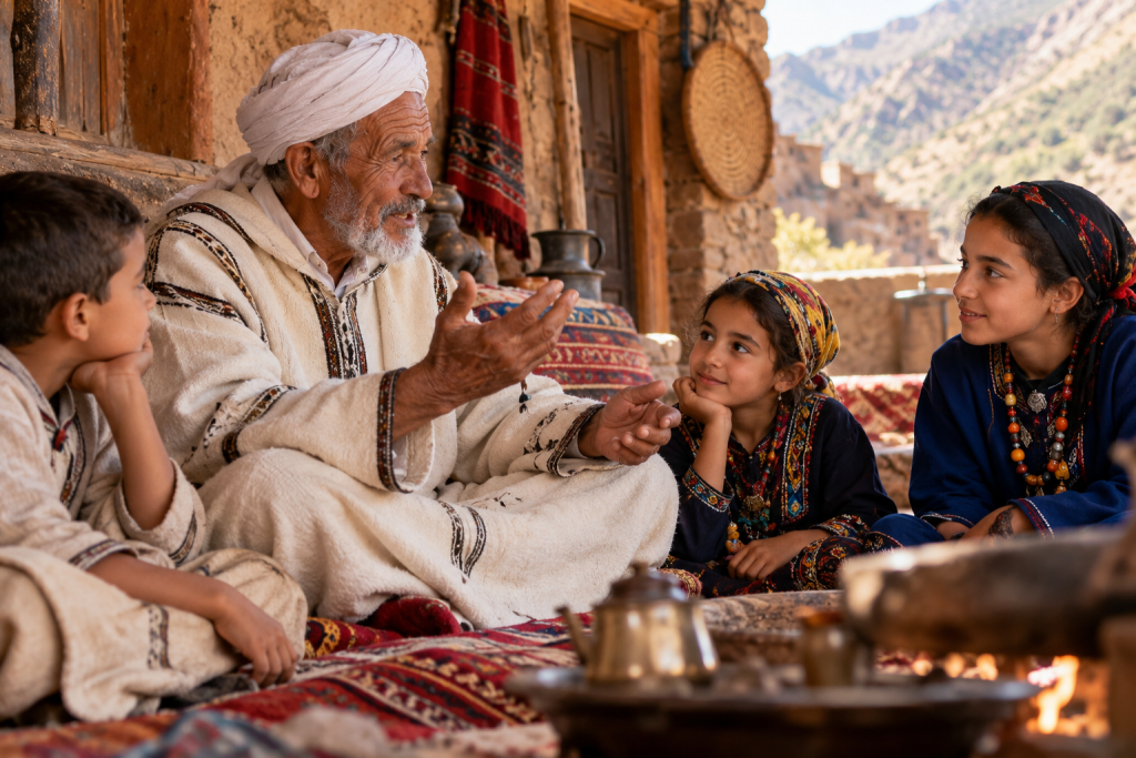 Amazigh elder sharing oral traditions with younger people