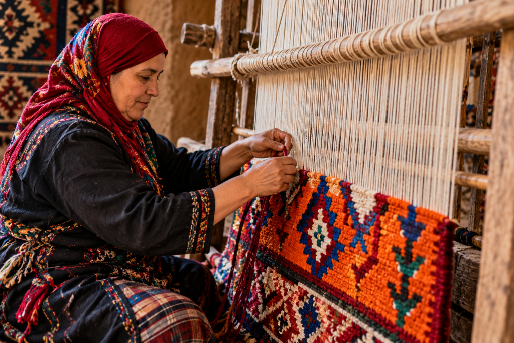 Amazigh woman weaving a traditional wool rug