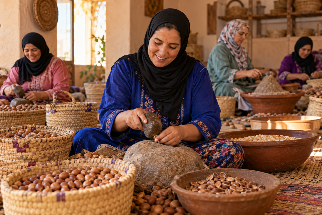 Women producing argan oil through traditional methods