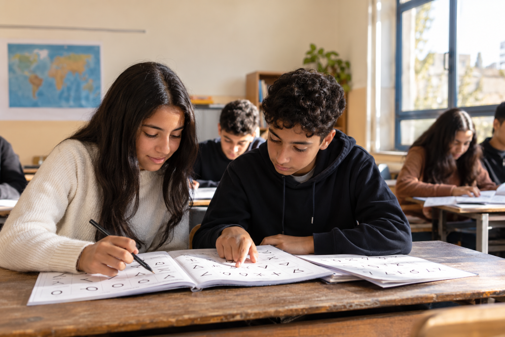 Students learning Neo-Tifinagh alphabet