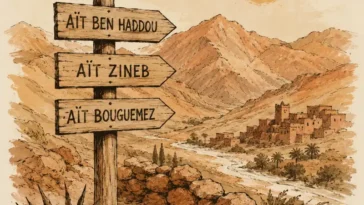 Amazigh village landscape in Morocco with traditional place name