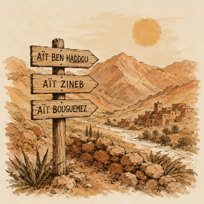 Amazigh village landscape in Morocco with traditional place name