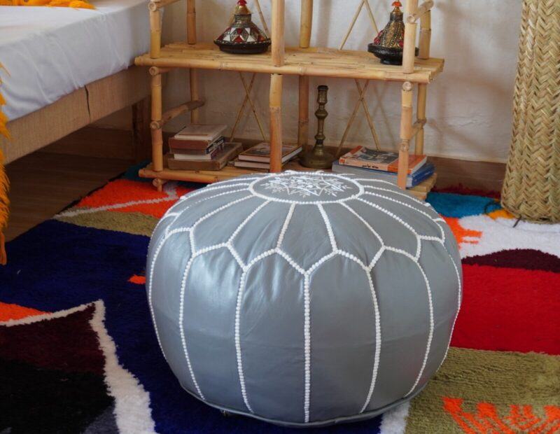 Berber Handcrafted Leather Pouf (Gray) - Image 2