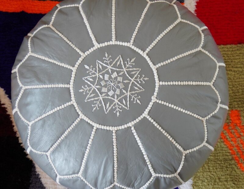 Berber Handcrafted Leather Pouf (Gray) - Image 3