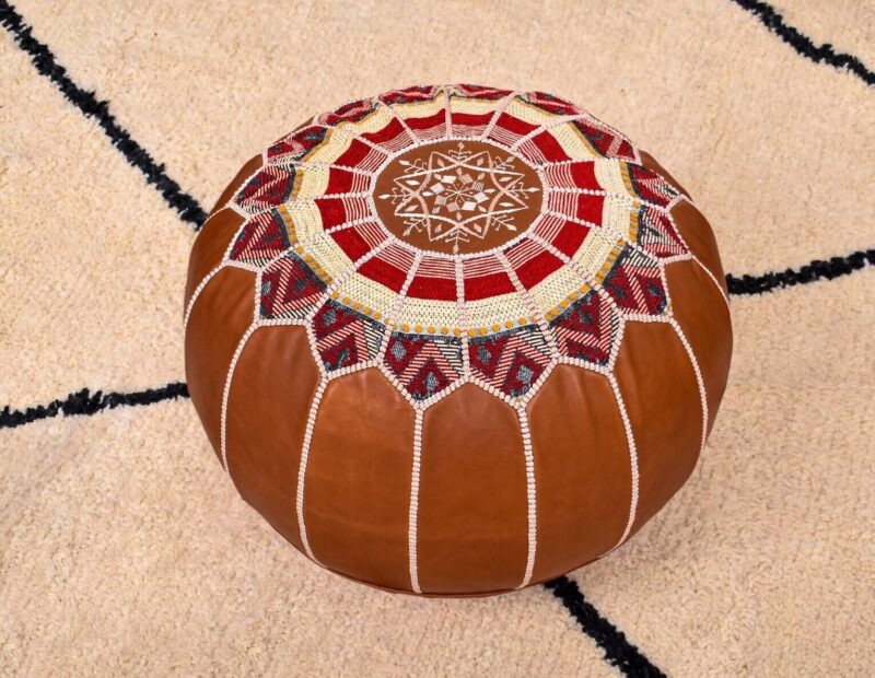 Handmade Genuine Leather Boho Pouf DARK TAN - Image 3
