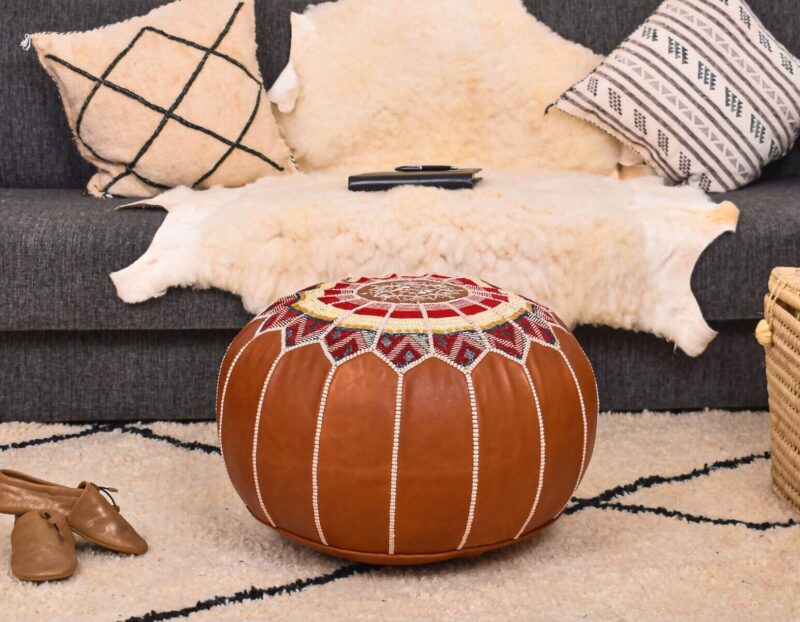 Handmade Genuine Leather Boho Pouf DARK TAN