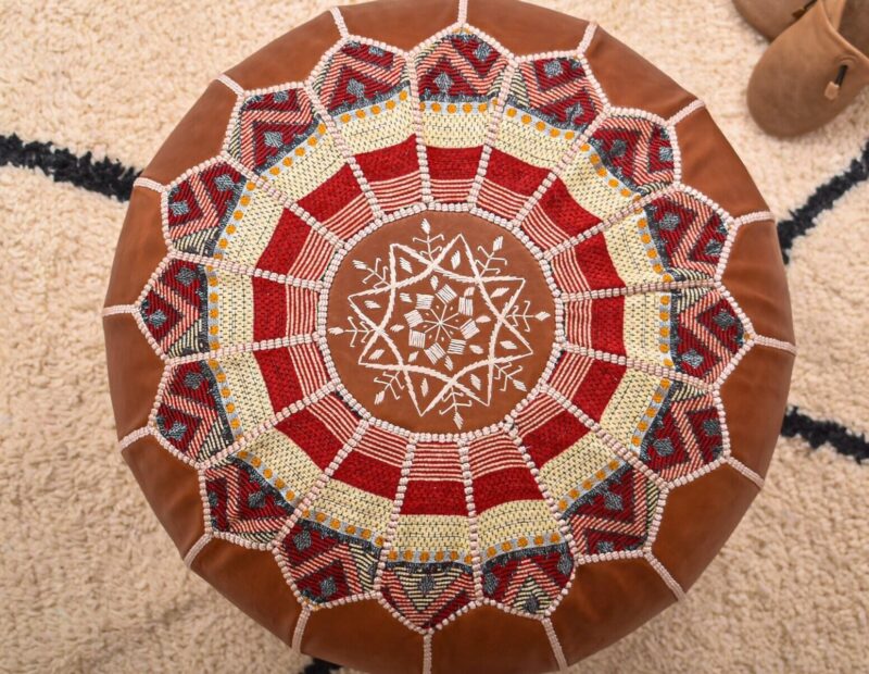Handmade Genuine Leather Boho Pouf DARK TAN - Image 5