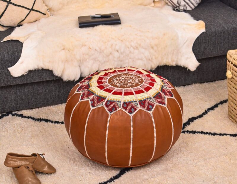 Handmade Genuine Leather Boho Pouf DARK TAN - Image 7