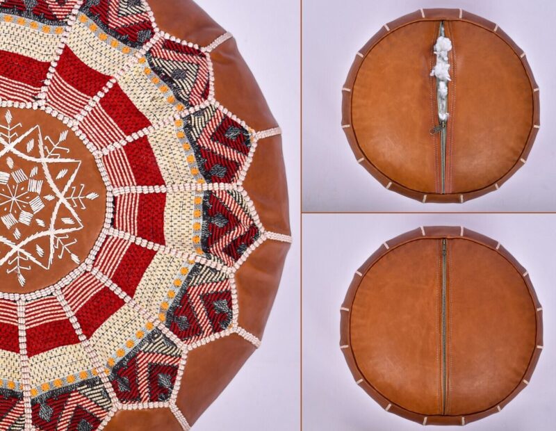 Handmade Genuine Leather Boho Pouf DARK TAN - Image 4