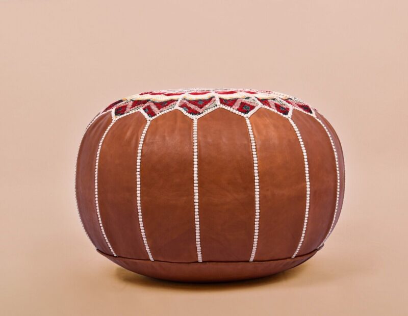 Handmade Genuine Leather Boho Pouf DARK TAN - Image 2