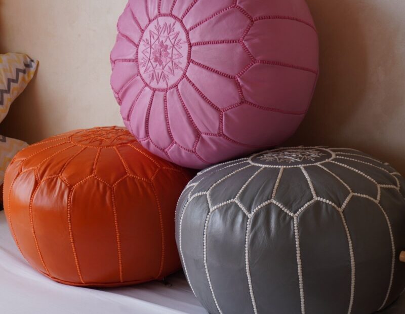Berber Handcrafted Leather Pouf (Gray) - Image 6