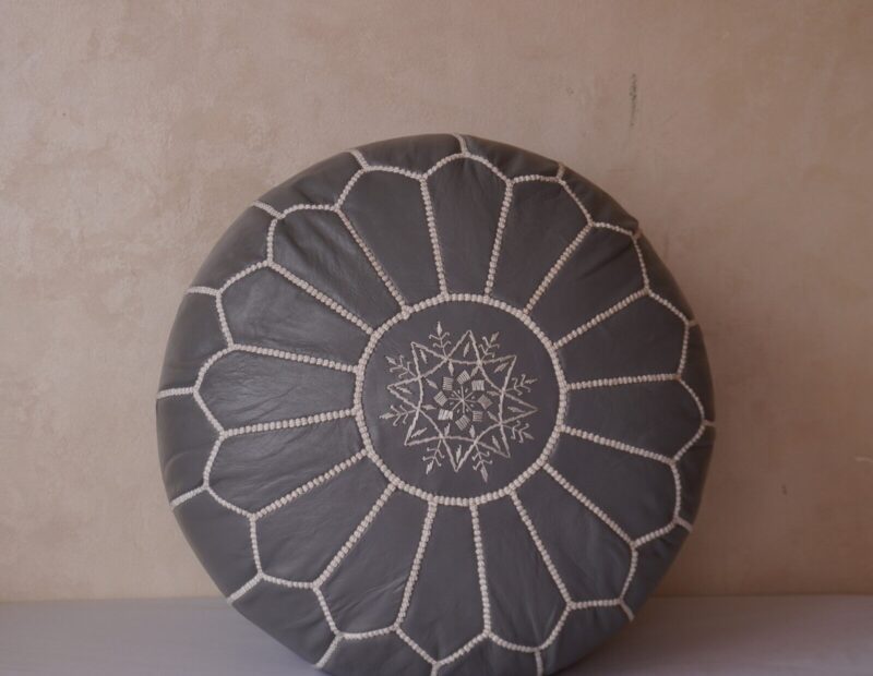 Berber Handcrafted Leather Pouf (Gray) - Image 7