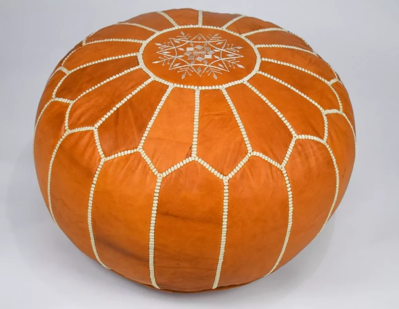 Berber Handcrafted Leather Pouf (Orange) - Image 10