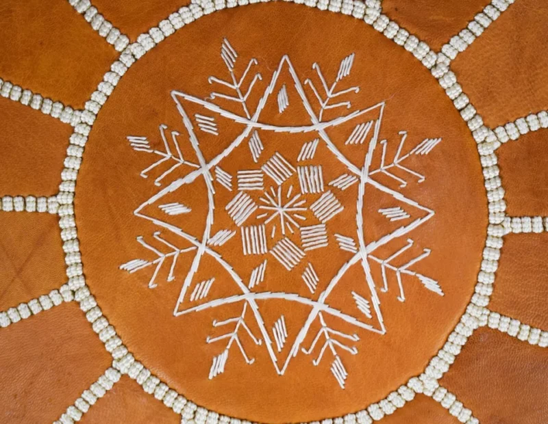 Berber Handcrafted Leather Pouf (Orange) - Image 2