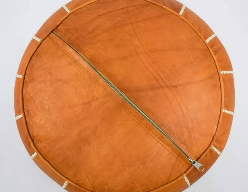 Berber Handcrafted Leather Pouf (Orange) - Image 3