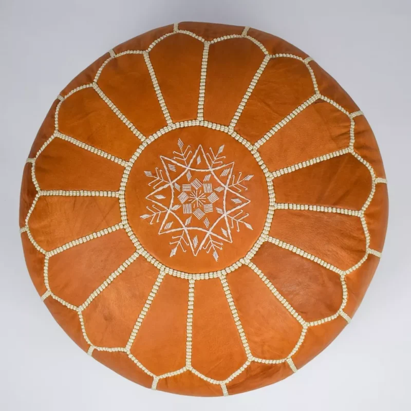Berber Handcrafted Leather Pouf (Orange)