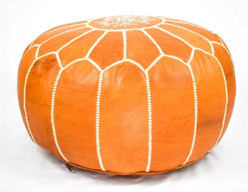 Berber Handcrafted Leather Pouf (Orange) - Image 5