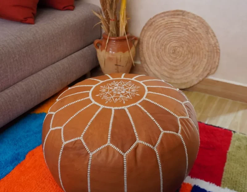 Berber Handcrafted Leather Pouf (Orange) - Image 6