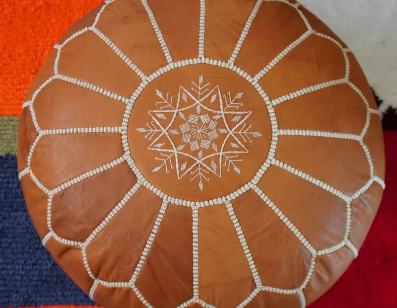 Berber Handcrafted Leather Pouf (Orange) - Image 7