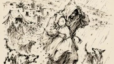 Amazigh Middle Atlas rain ritual with hooded figure in a village