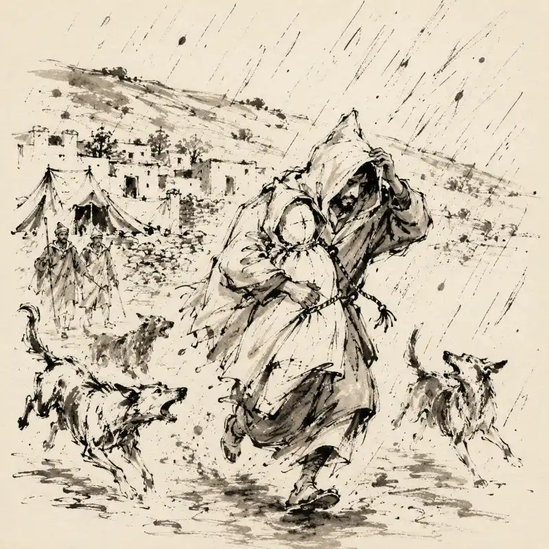 Amazigh Middle Atlas rain ritual with hooded figure in a village