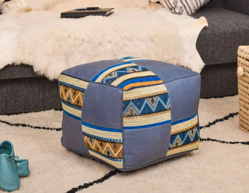 Handmade footstool, Boho Decor, Floor Cushion (Blue) - Image 12