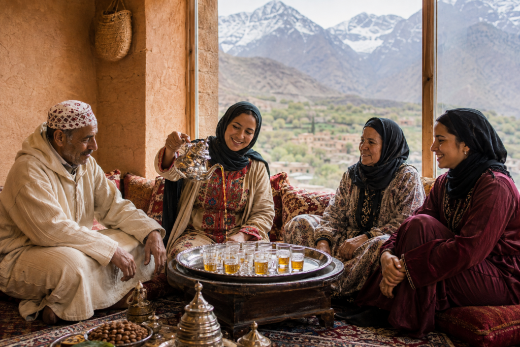 Amazigh family serving mint tea in Morocco