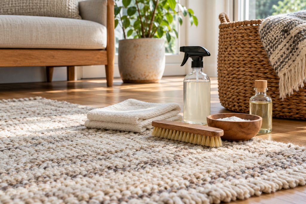 Wool rug care products and materials