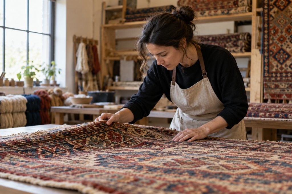 Professional inspection of a handmade wool rug