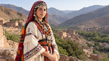 Traditional Amazigh clothing with woven textiles and accessories