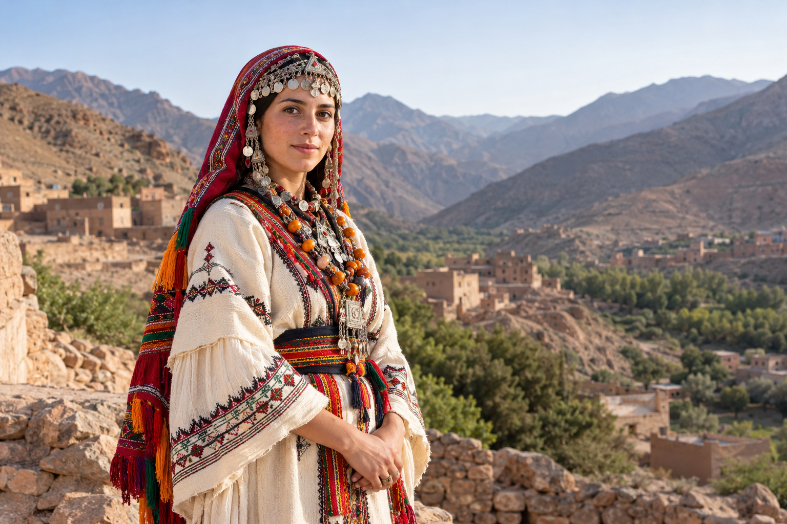 Traditional Amazigh clothing with woven textiles and accessories