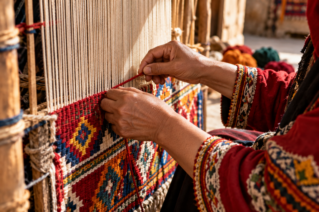 Amazigh textile weaving on a traditional loom