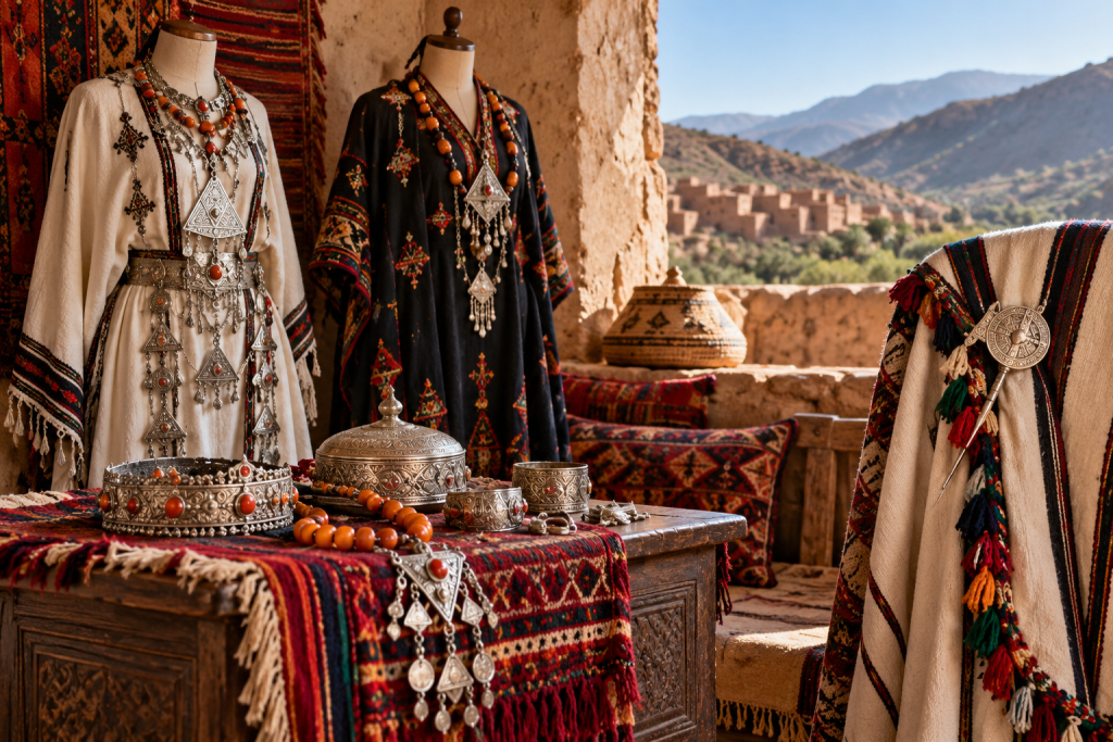 Amazigh clothing displayed with traditional silver jewelry