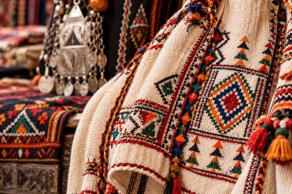 Detailed Amazigh textile patterns and embroidery
