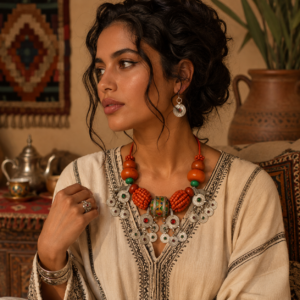 Berber-Inspired Statement Necklace – Orange Beads & Tribal Charms